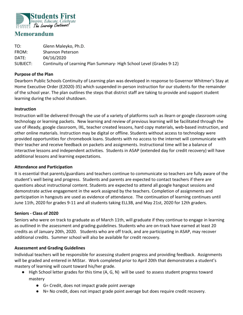Remote Learning Plan – – Fordson High School