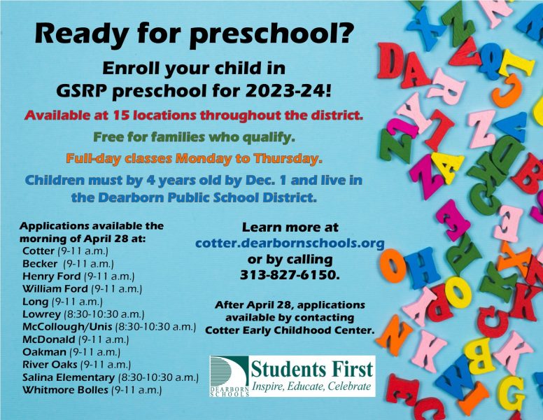 A flyer with information about GSRP enrollment. (Info repeated in text of post)