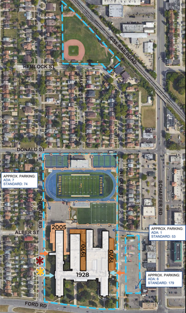 An illustration showing when different parts of Fordson were constructed including 1928, 1979 and 2005.